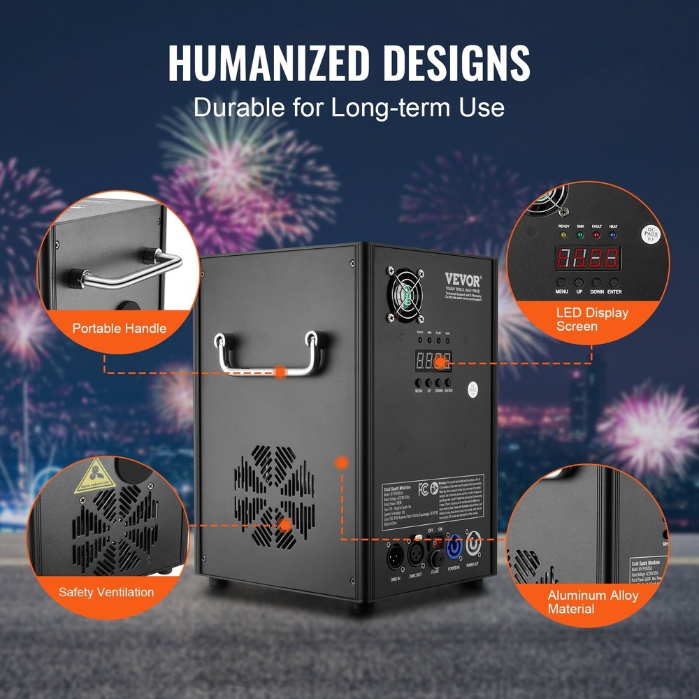 700W Cold Spark Launcher, Adjustable Height 6.6–16.4ft, DMX+LED Interface