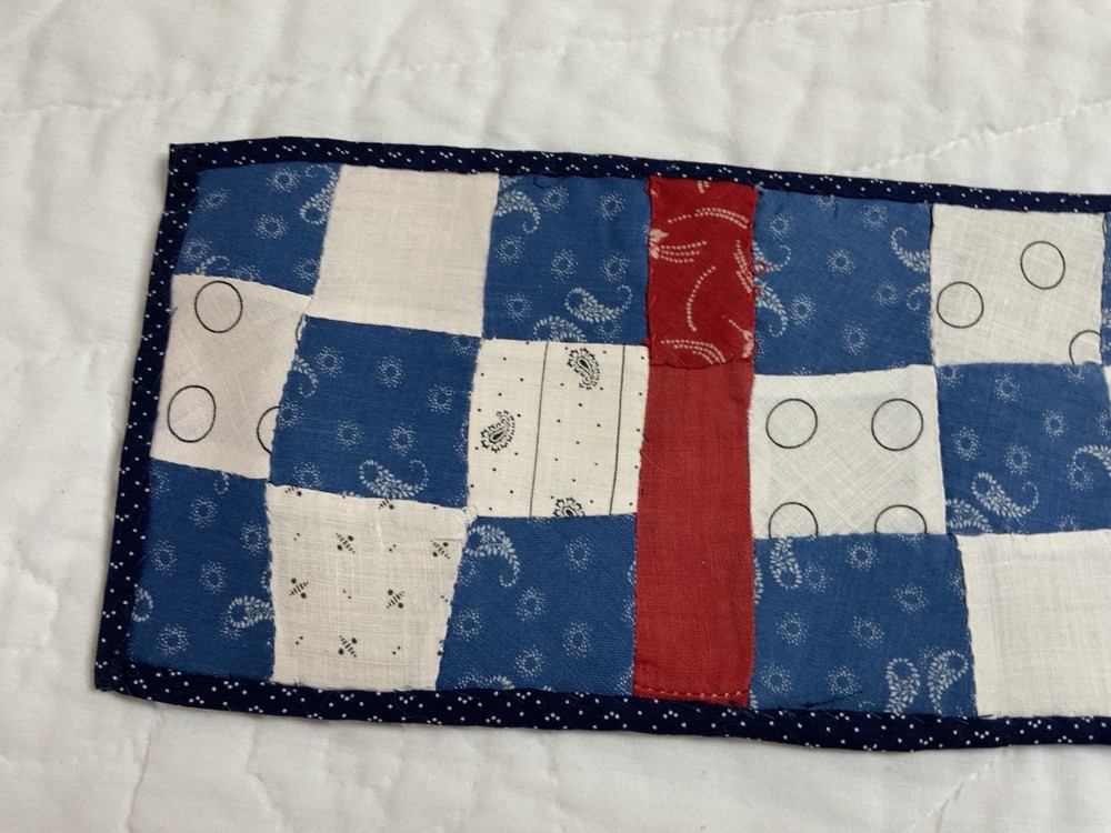 Antique Vintage Patchwork Quilt Table Topper, Nine Patch, Rectangle, Blue & Red