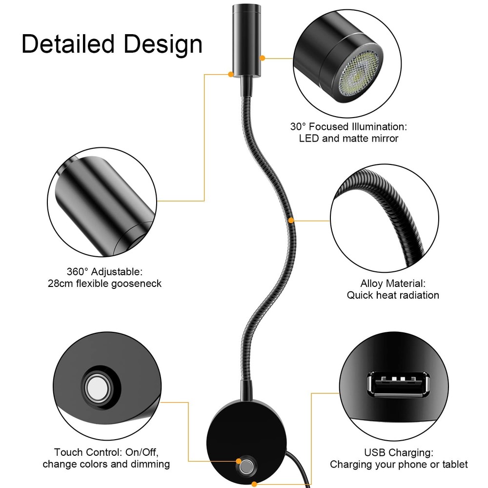 Wall Mounted LED Reading Light with 15" Flexible 15" Bedside reading light 2p