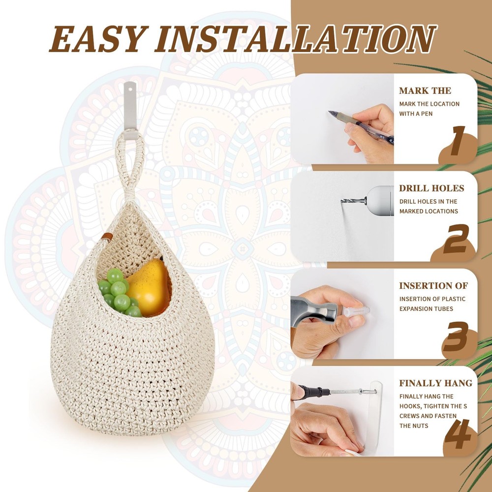 Hanging Fruit Baskets 6 Pack Wall Storage Boho Handwoven Kitchen Organizer Garli