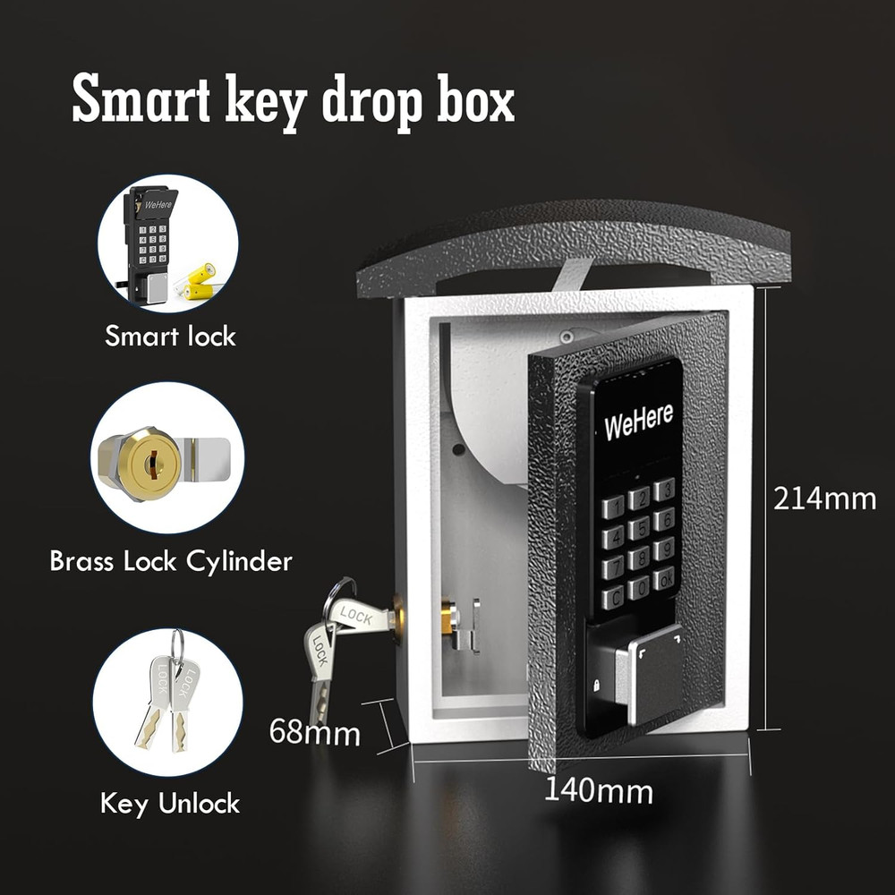 Key Lock Box Wall Mount with Key Drop Slot, Smart Digital Lockbox, OTP/APP Bluet