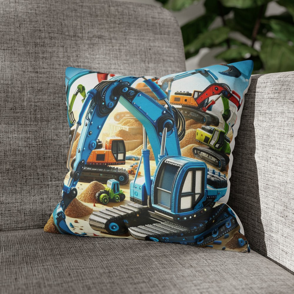 Excavator Spun Polyester Square Pillow Case