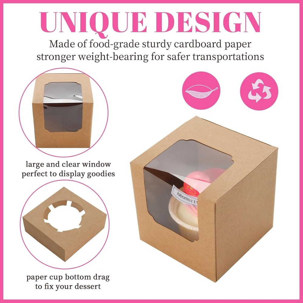 25 Pcs Cupcake Boxes Individual Cupcake Containers Pre-Assembled Single Cupca...