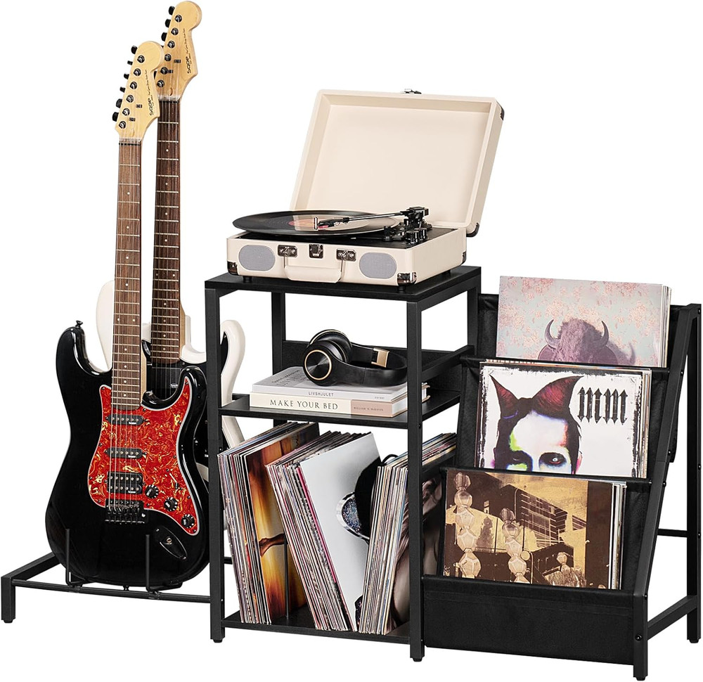 Adjustable Record Player Stand & Guitar Holder with Vinyl Storage Shelf