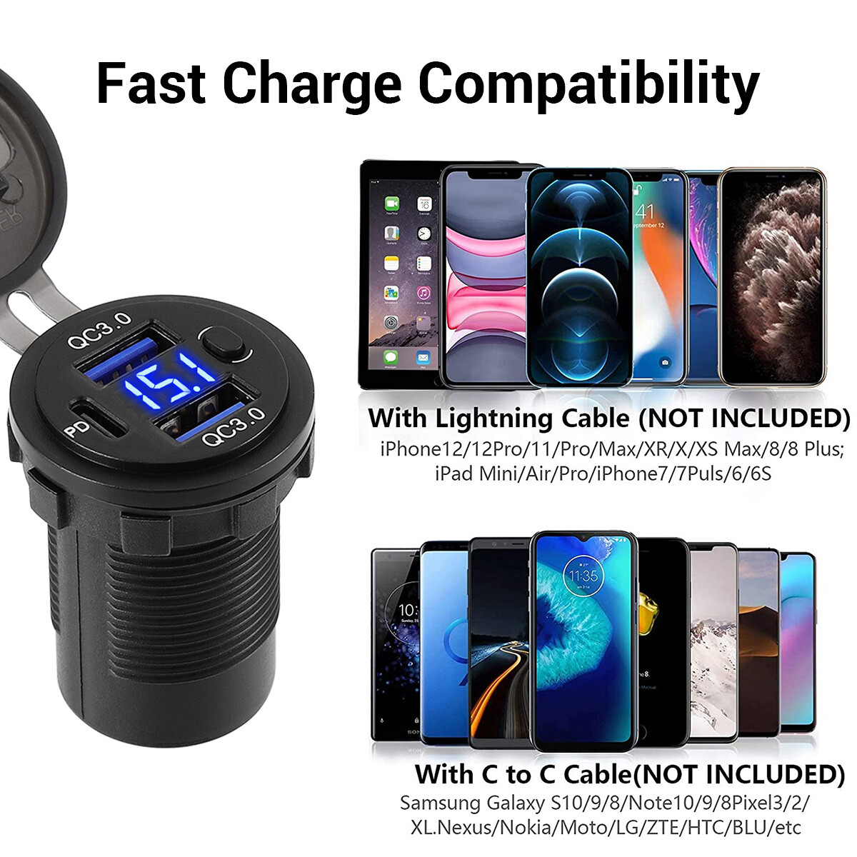 12V-24V PD+QC3.0 Dual USB Car Fast Charger Power Socket Outlet LED Voltmeter Lot