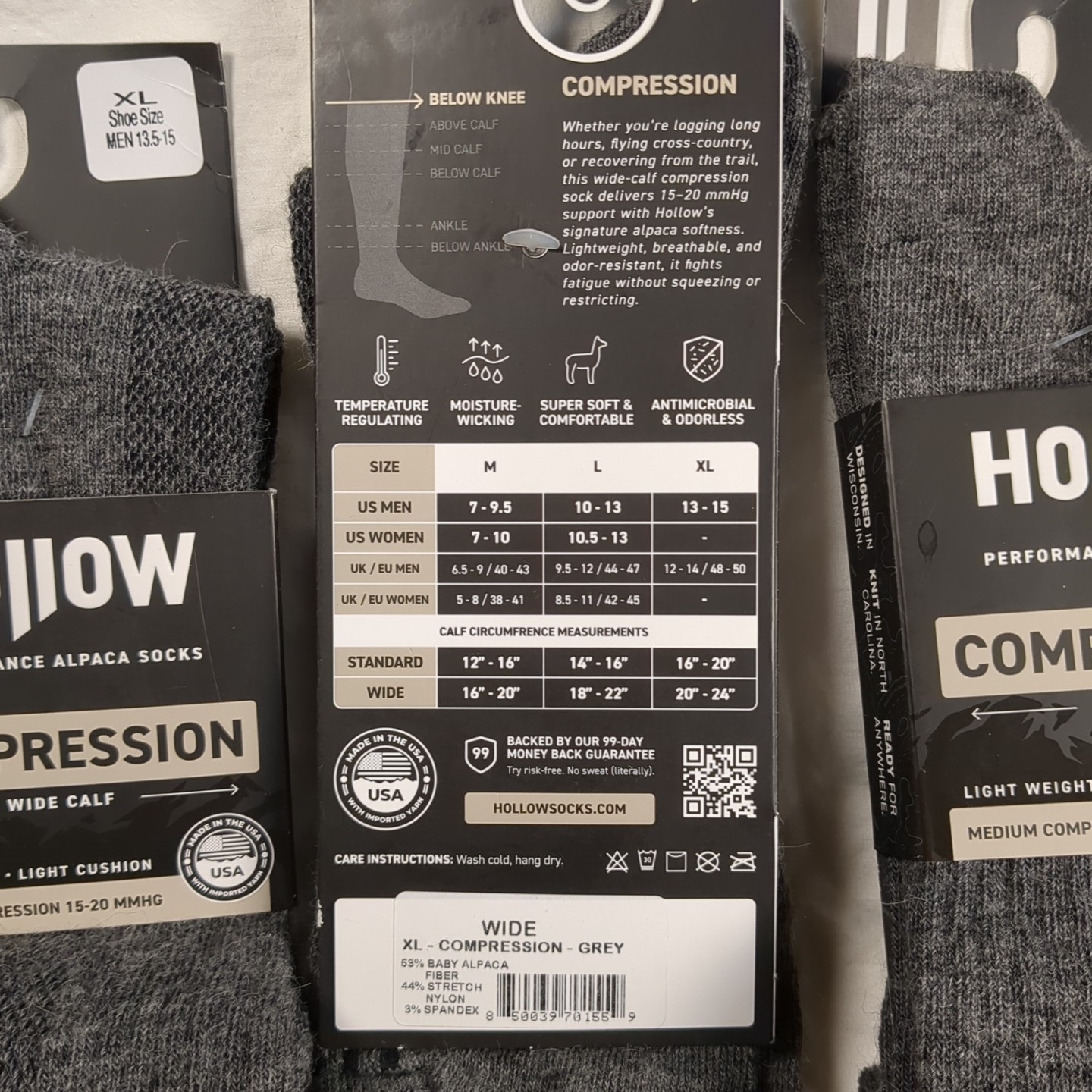Hollow Compression Socks Adult XL Wide Calf Performance Alpaca Medium 15-20 MMHG