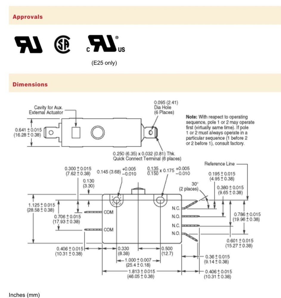 Cherry Electric ESeries E20 Double Pole Snap Action Switches