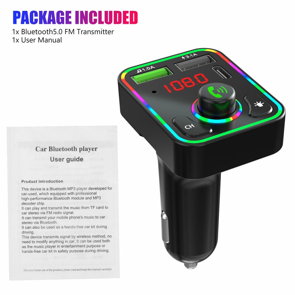 2× Car Bluetooth 5.0 FM Transmitter Wireless MP3 Adapter Hands-free USB Charger