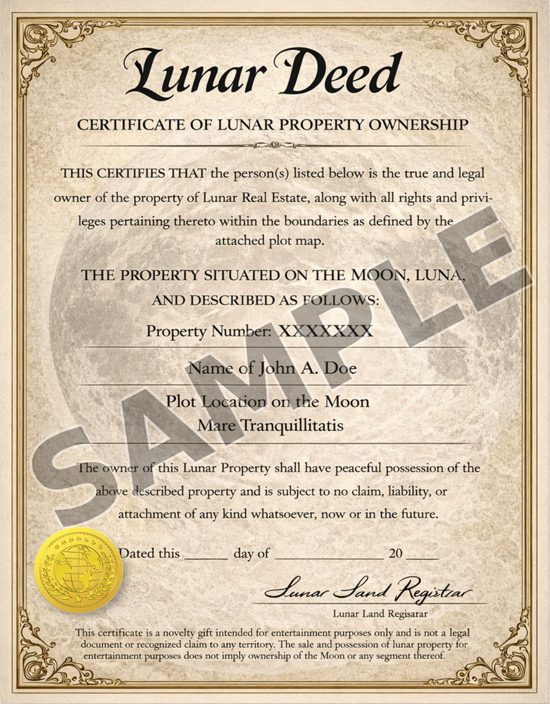 Moon Property Personalized Gift Novelty Framed Deed & Plot Map for Moon Property