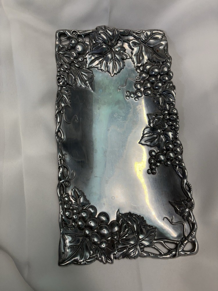 Vintage Silver-Plated Rectangular Serving Tray With Ornate Grape Vine Border