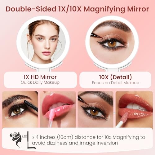 Makeup Mirror with Lights, 10X /1X Double-Sided Lighted Makeup White Silver