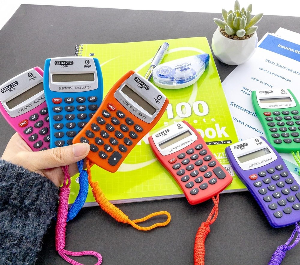 BAZIC Pocket Calculator 8-Digit LCD with Neck String 24-Pack Assorted Colors
