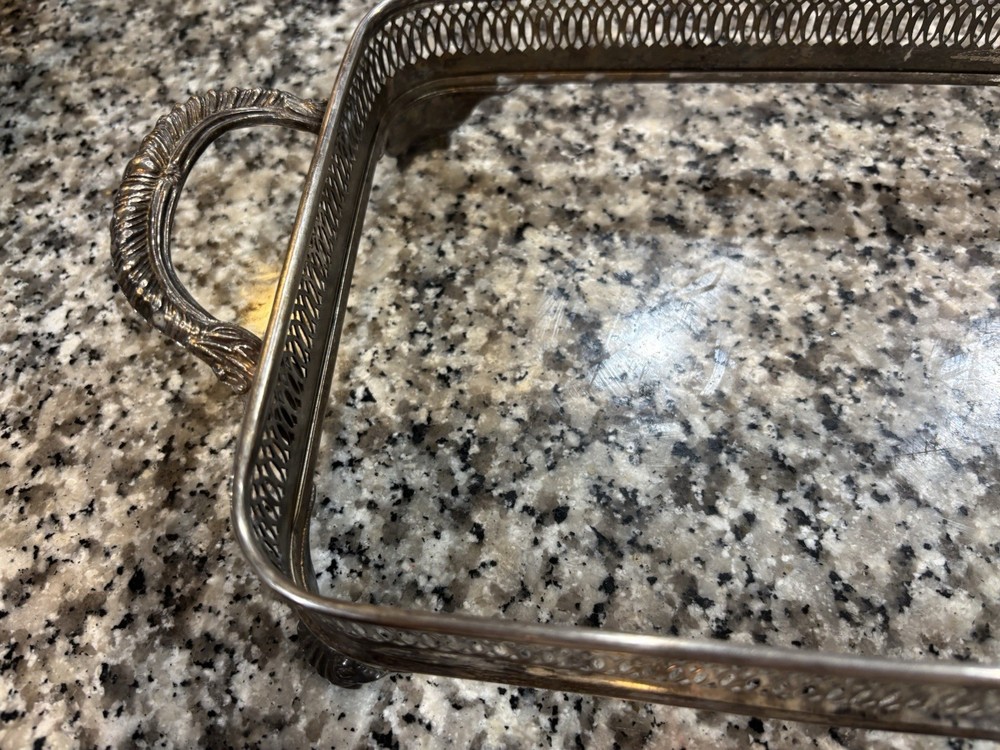 Vintage Silver Plated Footed Casserole Dish Holder 13x8.5 Inches With Handles