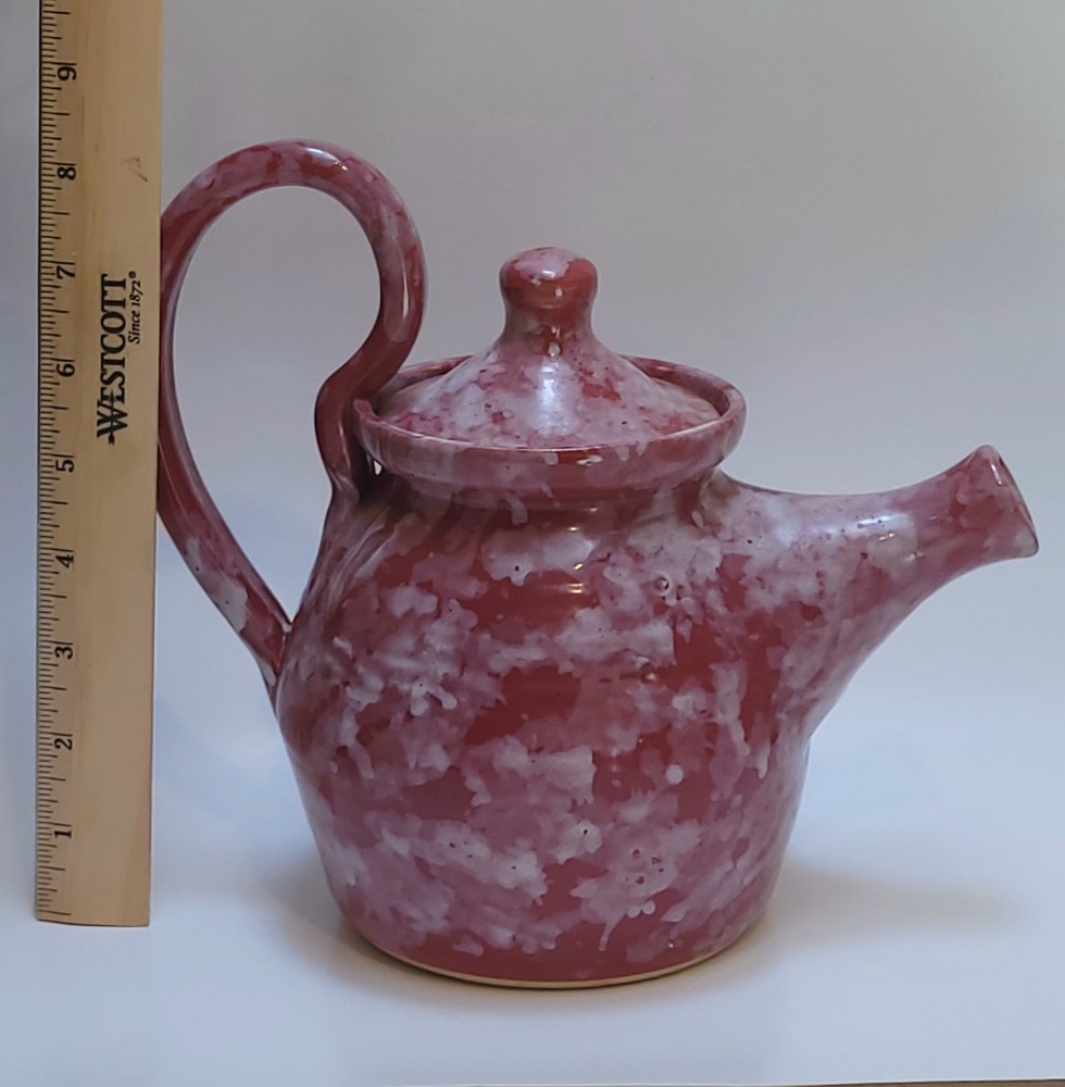 E.J. King Pottery Teapot, Red, White, Signed And Dated, Mottled, Sponge, Heavy