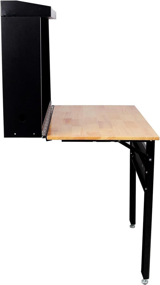 Wall Mounted Workbench Foldable Rubberwood Work Surface, Pegboard Tool Storage