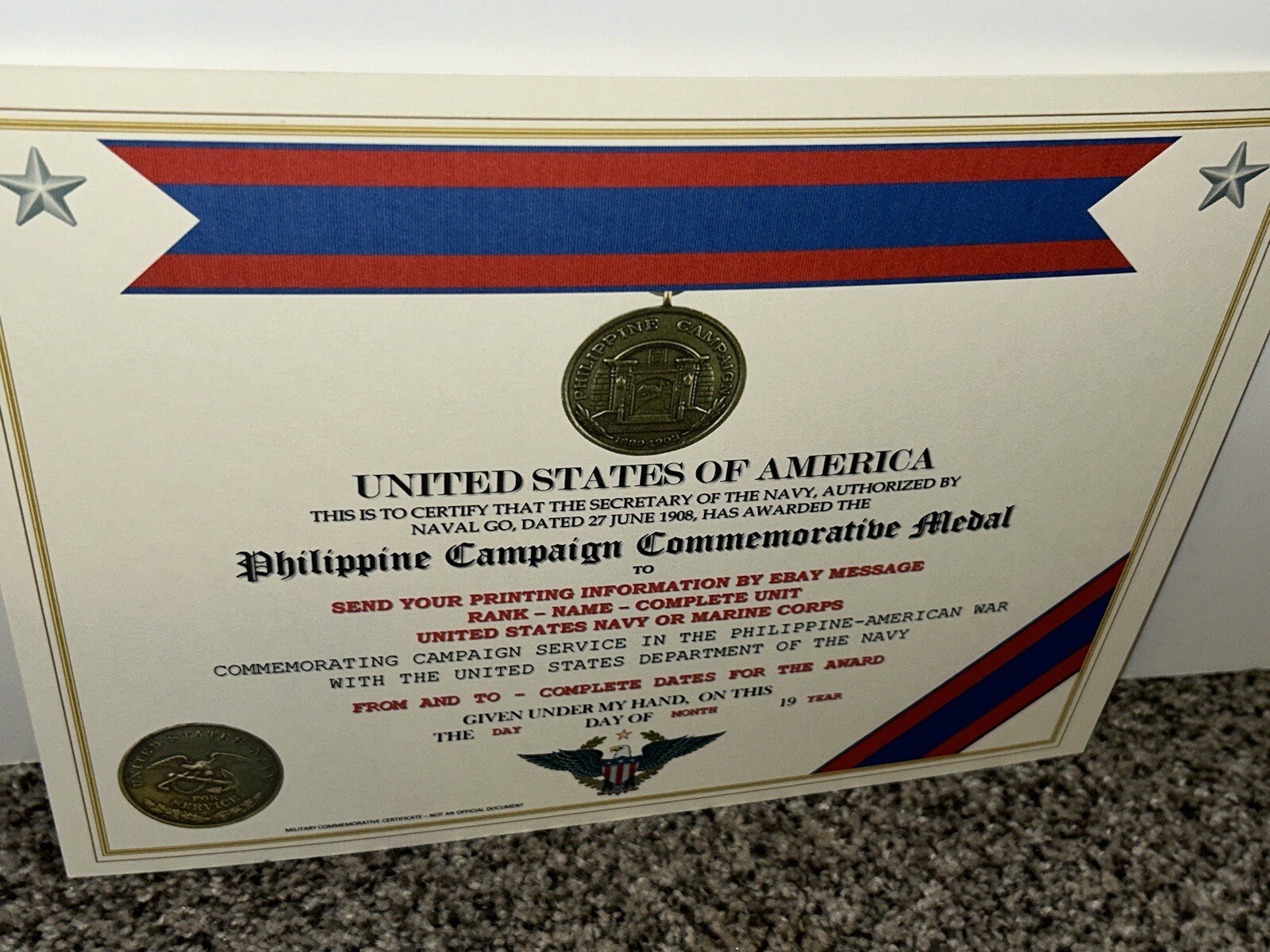PHILIPPINE CAMPAIGN (NAVY) COMMEMORATIVE MEDAL CERTIFICATE ~ W/PRINTING TYPE-1