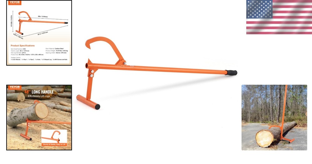Durable 48" Log Jack for Easy Lifting – Adjustable Hook for Logs Up to 15" Dia