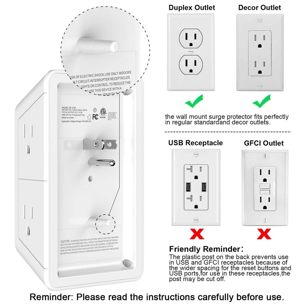 5 Outlet Extender Multi Plug Wall Outlets with 4 USB Charging 3U1C, White