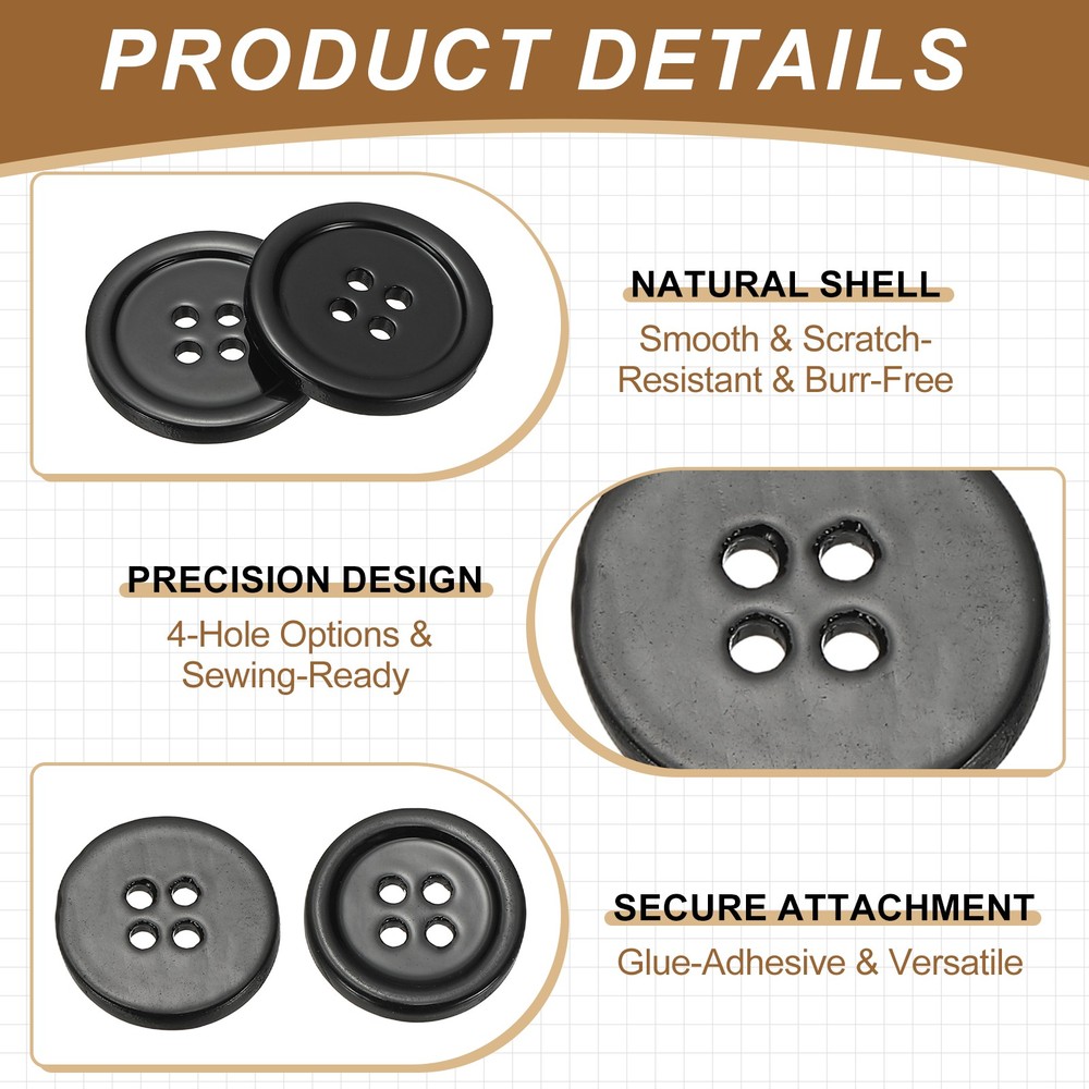 Natural Shell Button 4 Hole Shell Round Sewing Buttons 10 mm & 50 Pack & Black