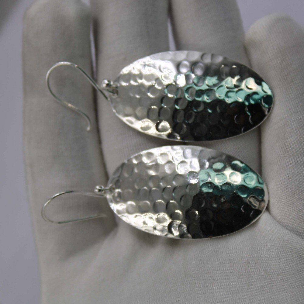 Solid 925 Sterling Silver Hammered Oval Dangle Drop Earrings Textured Handmade