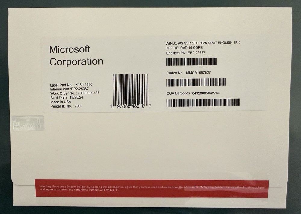 Microsoft Windows Server 2025 Standard 64Bit  16 Core DVD Pack and  Key
