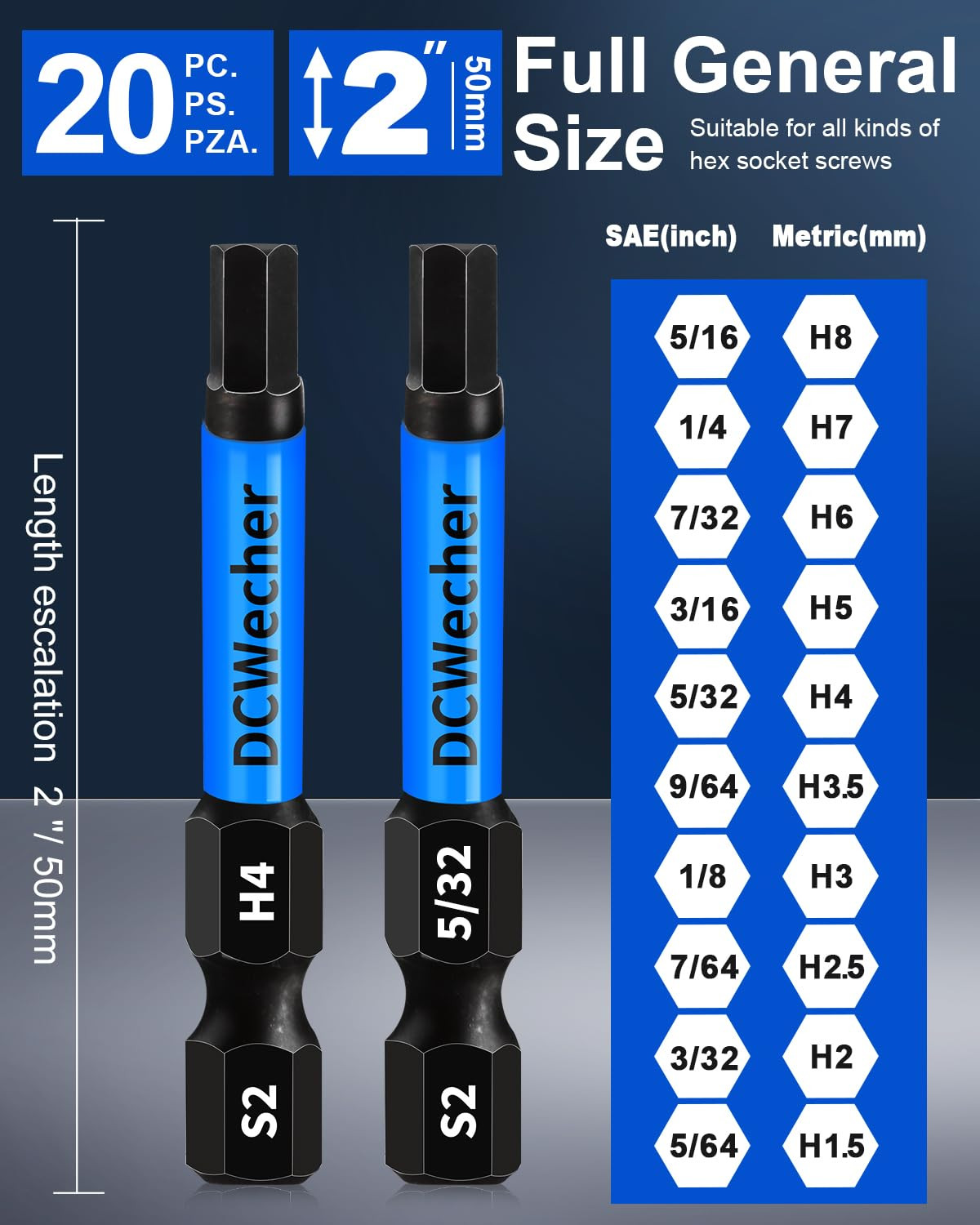 20-PCS Allen Key/Allen Wrench Drill Bit Set, Impact Hex Bits (Metric & SAE) 2 In