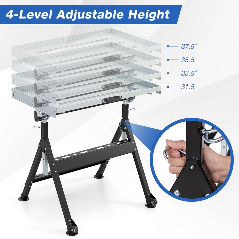 Folding Welding Table w/Tabletop 2 Fixed Wheels 4-Level Height 5 Tilting Angles