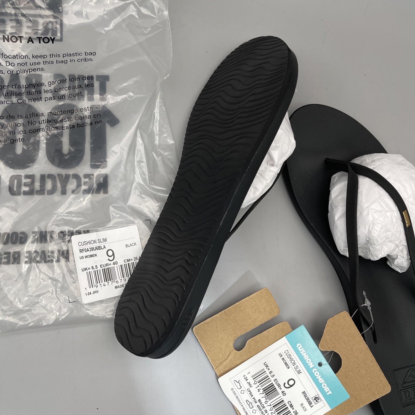 REEF Women’s Cushion Bounce Slim Flip Flops, Black Size 9 Brand New