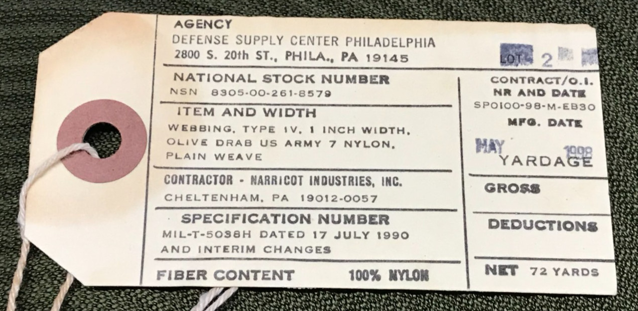 Plain Weave Olive Drab Nylon Type IV Thin Webbing 1 Inch x 72 Yards USGI NOS