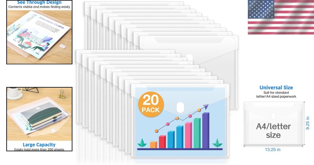 Clear Plastic Document Envelopes - Large Capacity 20 Pack for Easy Organization
