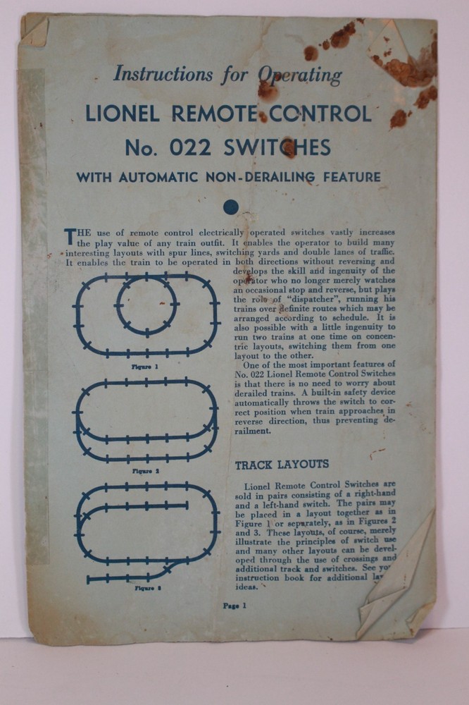 Lionel Remote Control No. 022 Switches Instructions