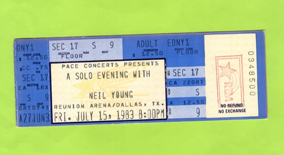 Neil Young 1983 Unused Concert Ticket Dallas, TX, Shocking Pinks
