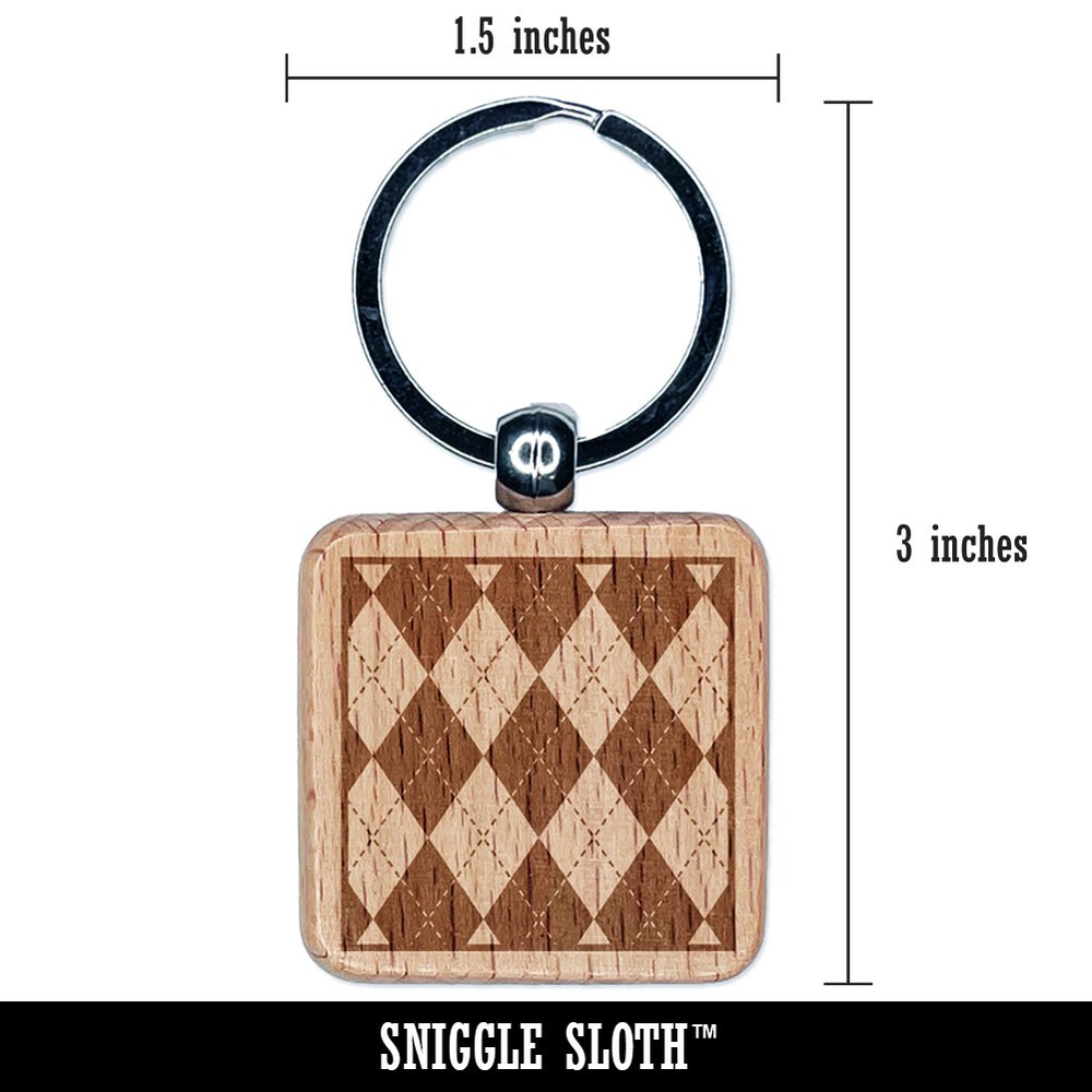 Argyle Pattern Block Engraved Wood Square Keychain Tag Charm