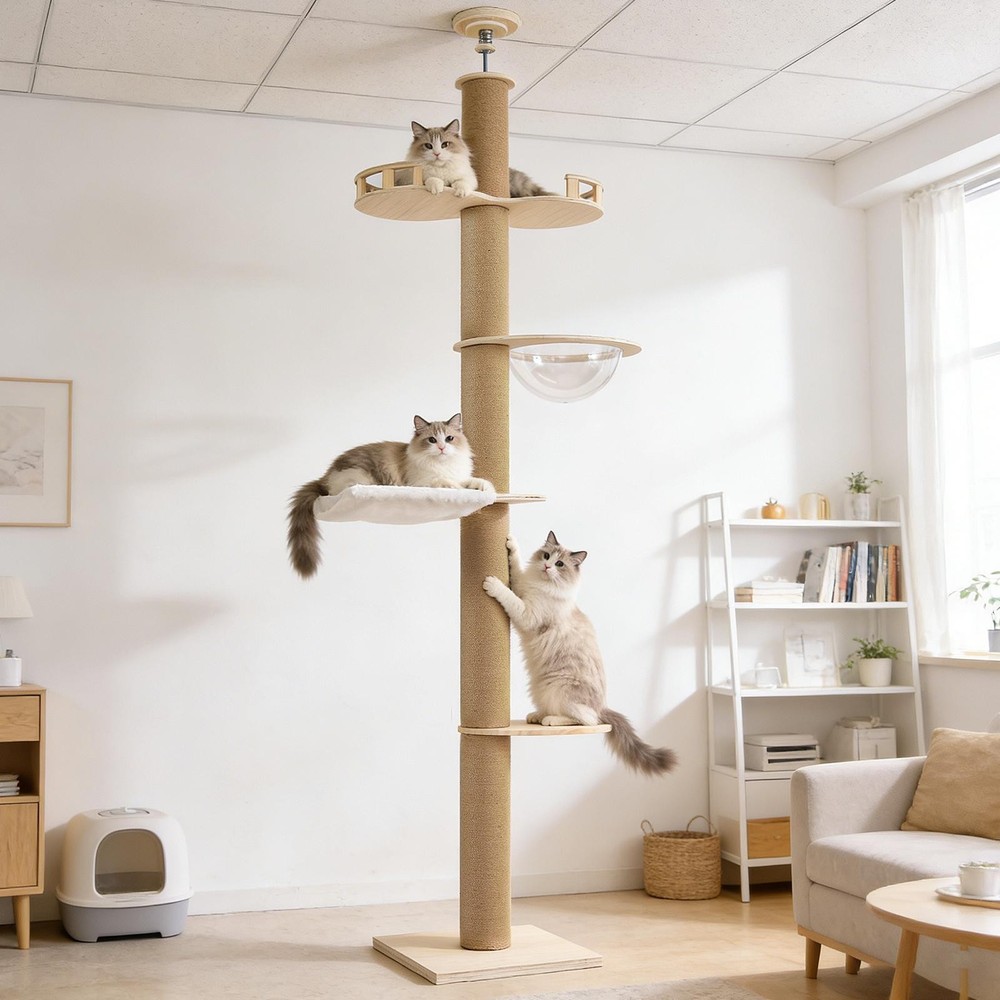 Adjustable 102-104" Ceiling Cat Tree Large Cats Condo w/ Scratching Post&Hammock