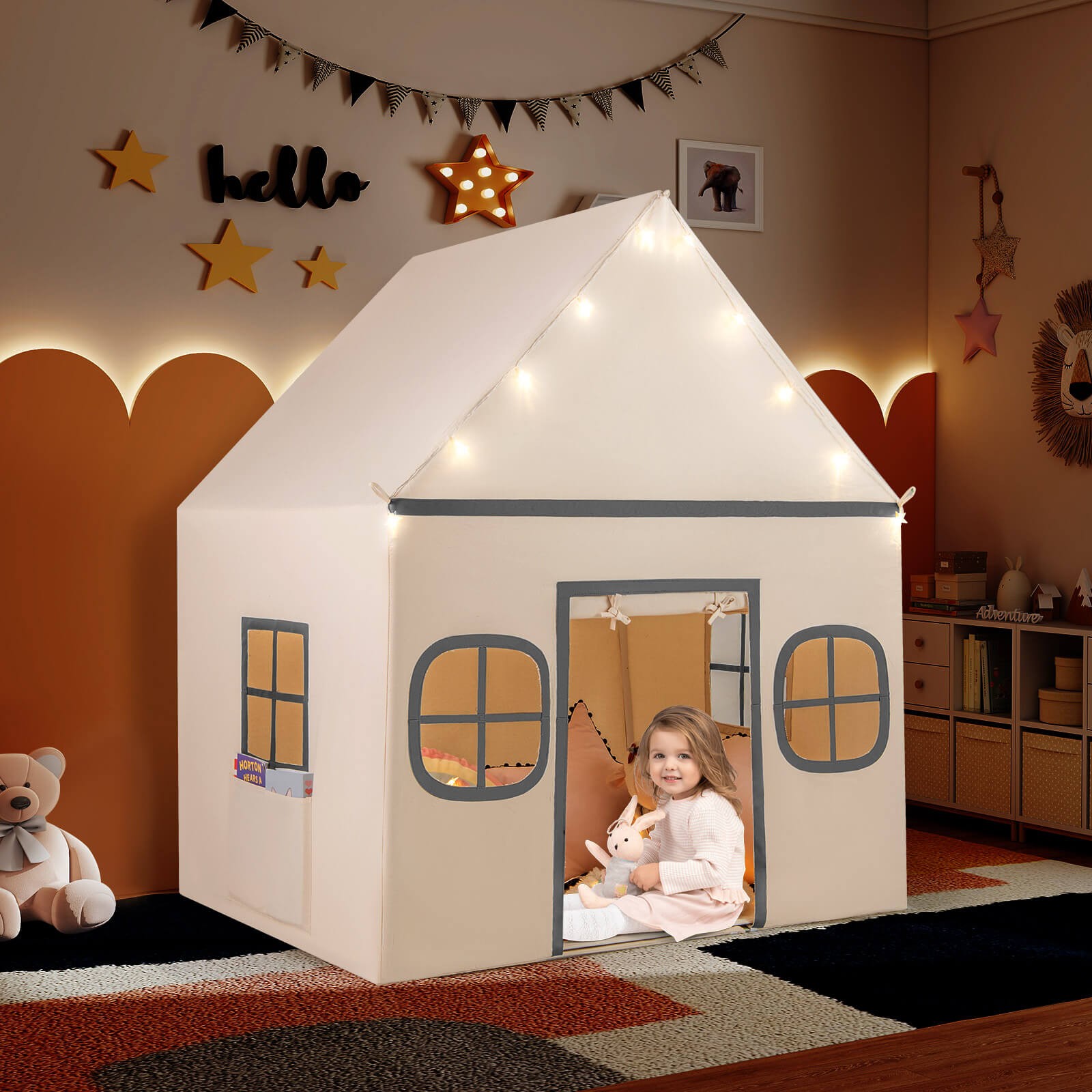 Kids Play Tent with Padded Mat, Star Lights, Side Storage Bags, Door & Windows