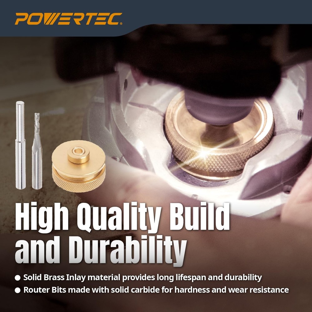 POWERTEC 72442 Router Inlay Kit for 1/4" Template Solid Brass Bushing Guide Set