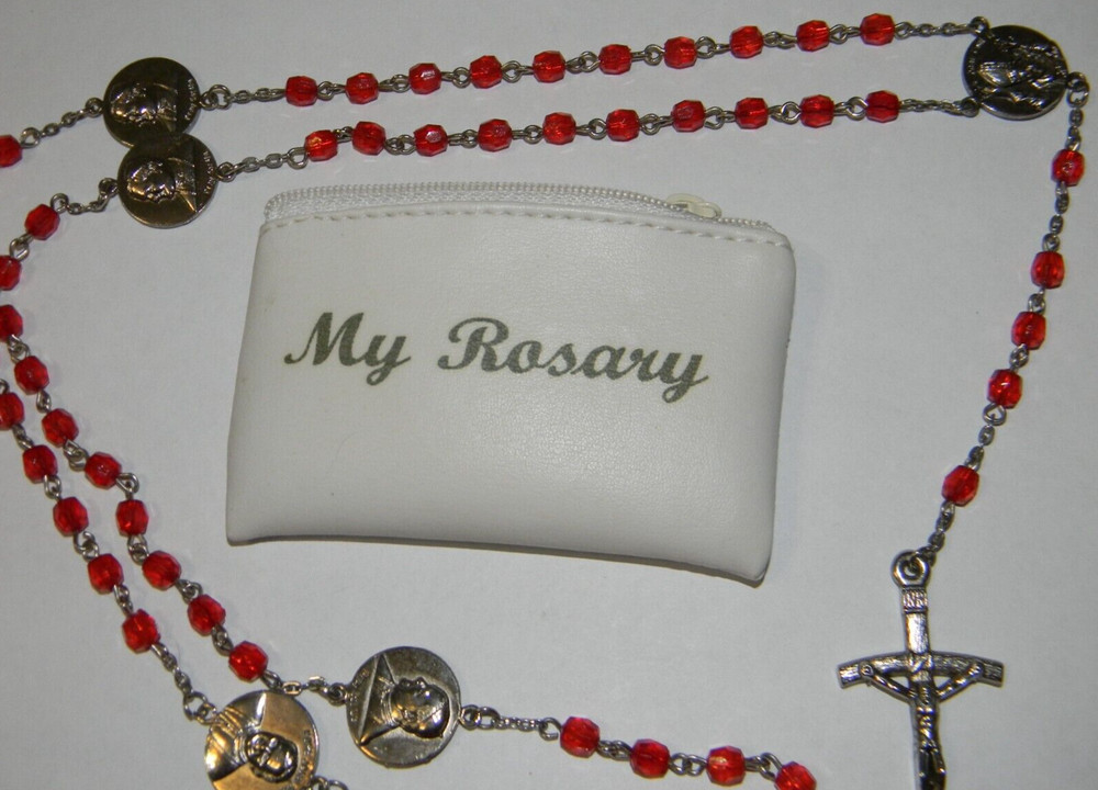 Red rosary Pope John Paul II canonization Jesus Immaculate Conception with case