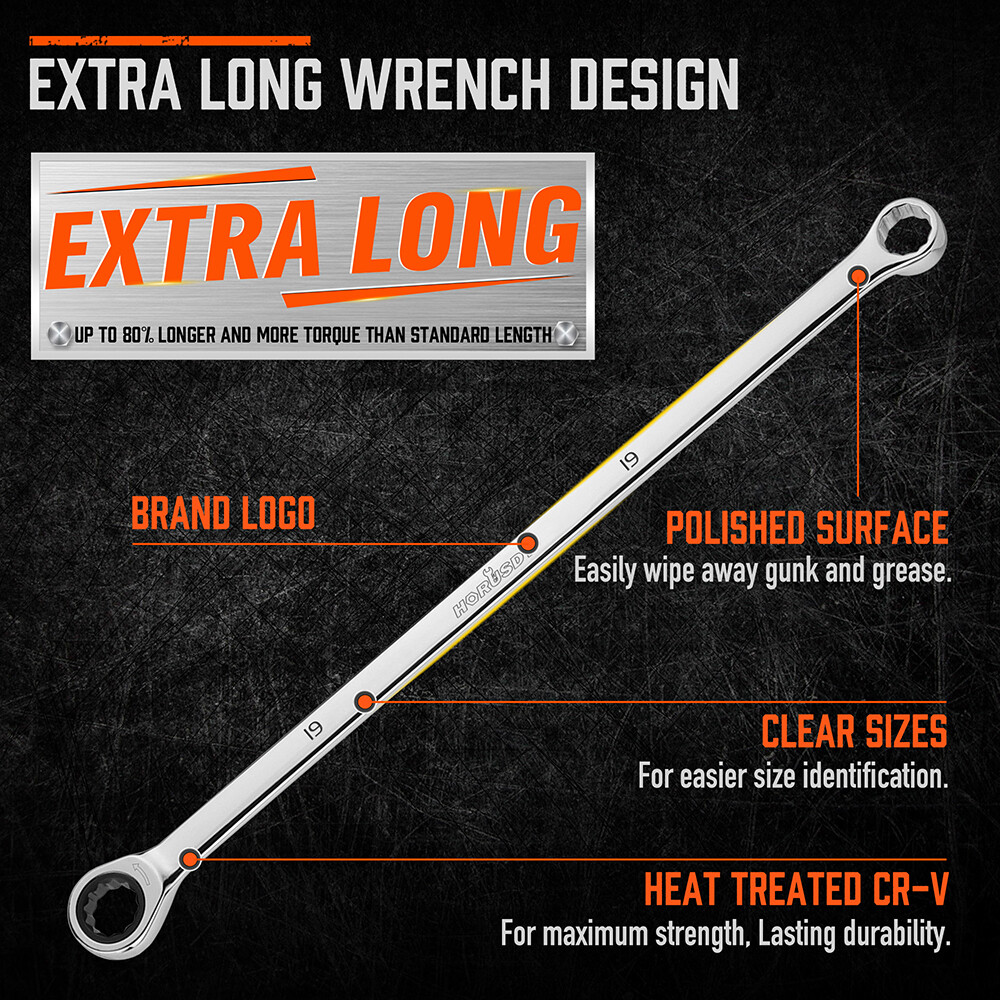 9PC Extra Long Ratcheting Wrench Set Anti-Slip Double Box Spanner Metric 8-22MM