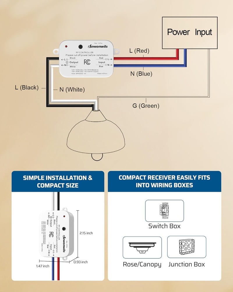 2 Pack Wireless Remote Light Switch, 15A, Magnetic Control, 100FT Range