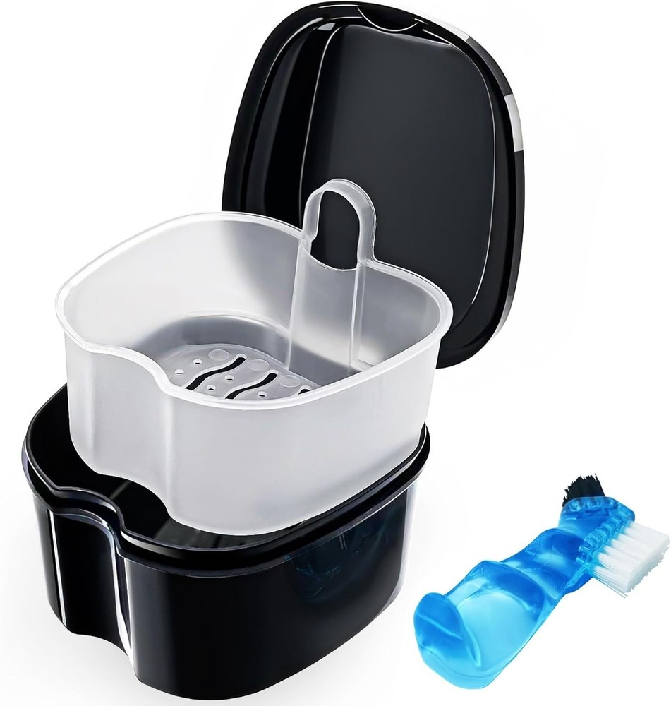 Black Denture Soaking Container Partial Denture Case, Orthodontic Retainer Cl...