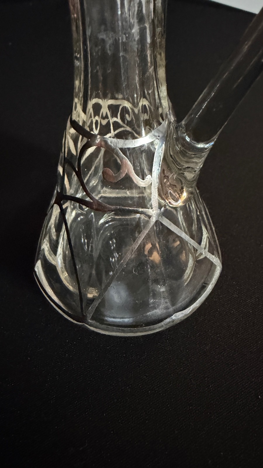 Antique Art Nouveau Sterling Overlay Glass Cruet Bottle w Stopper 6.5"