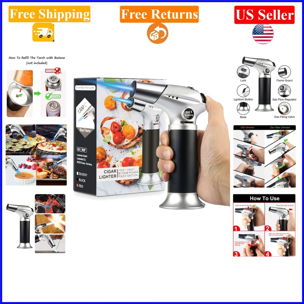 Black 6-inch Refillable Culinary Blow Torch with Adjustable Flame