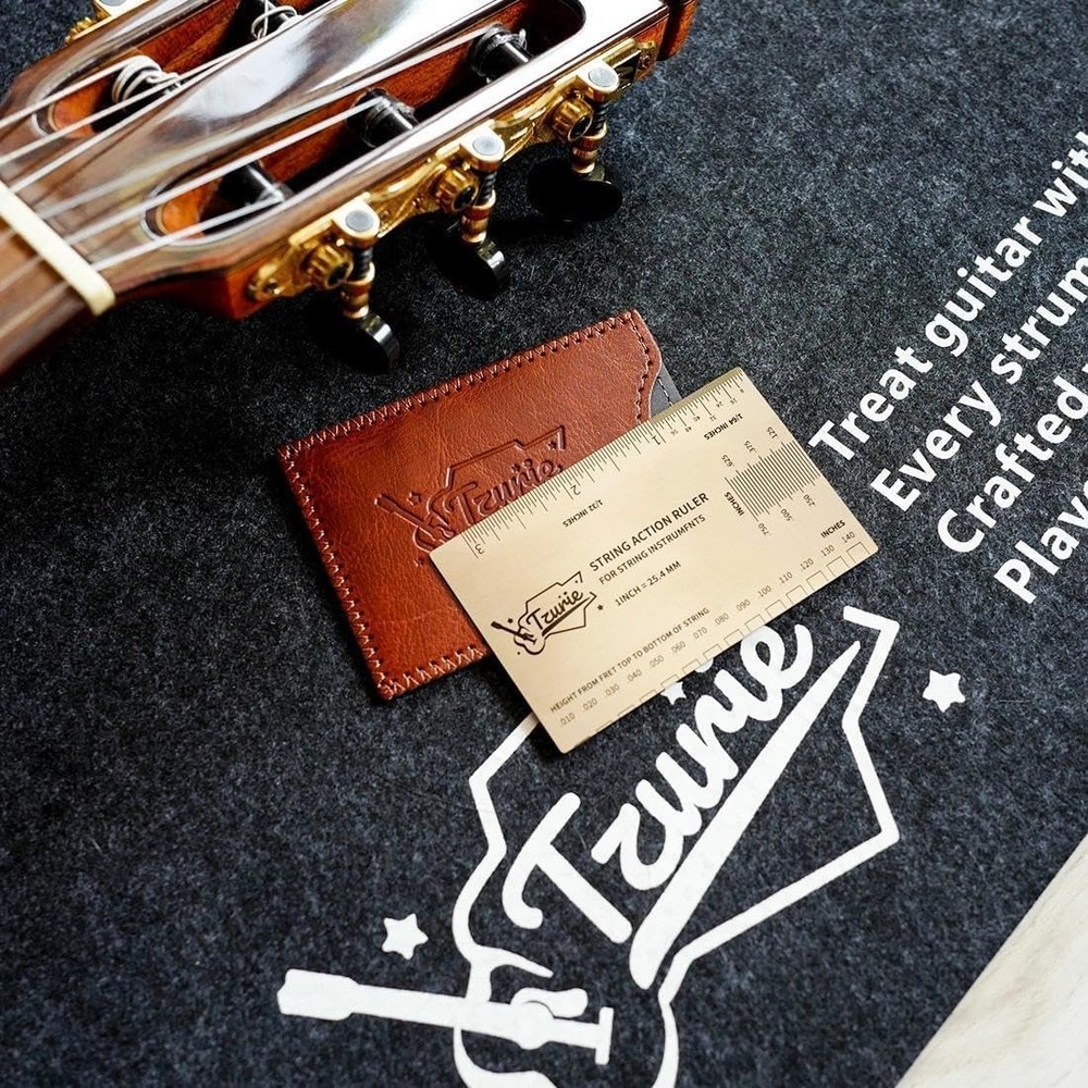 Tzurie Guitar String Action Gauge, Medium, silver ruler with brown case