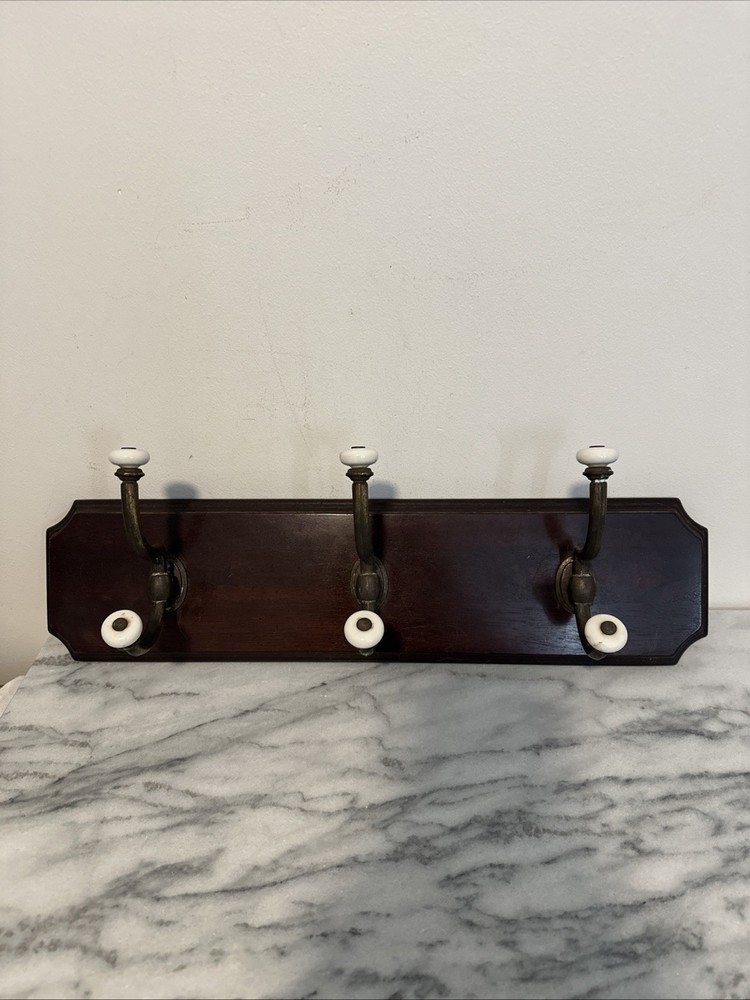 VTG Large Antique Solid Wood Wall Coat Hang Three Brass Hooks Porcelain Knobs