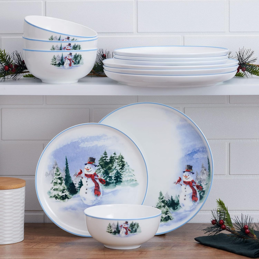 Snowman Forest Chip Resistant 12 Piece Dinnerware Set, Service for 4
