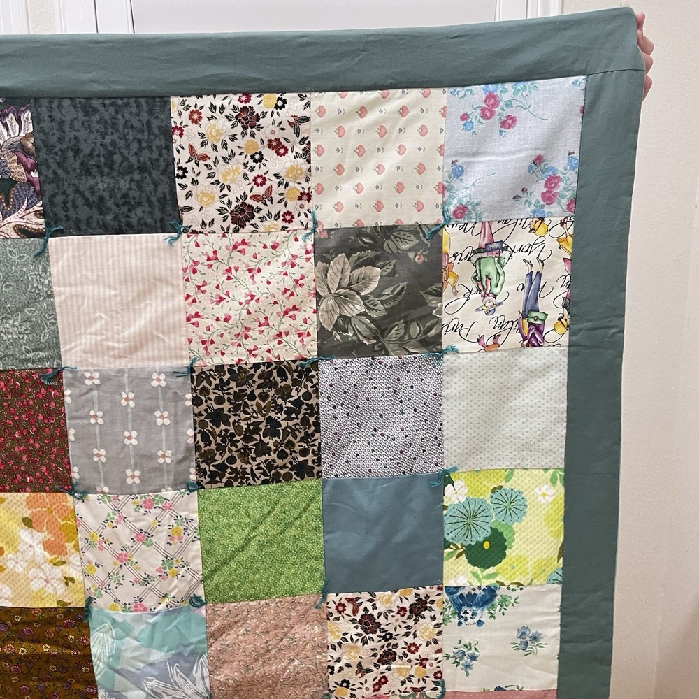 Handmade Patchwork Quilt Throw Lap Blanket Floral Teal Green