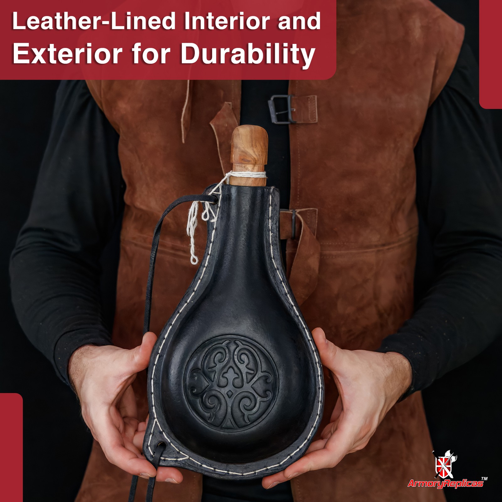 Teardrop Leather Adventure Canteen with Celtic Emblem – 40oz Historical Prop