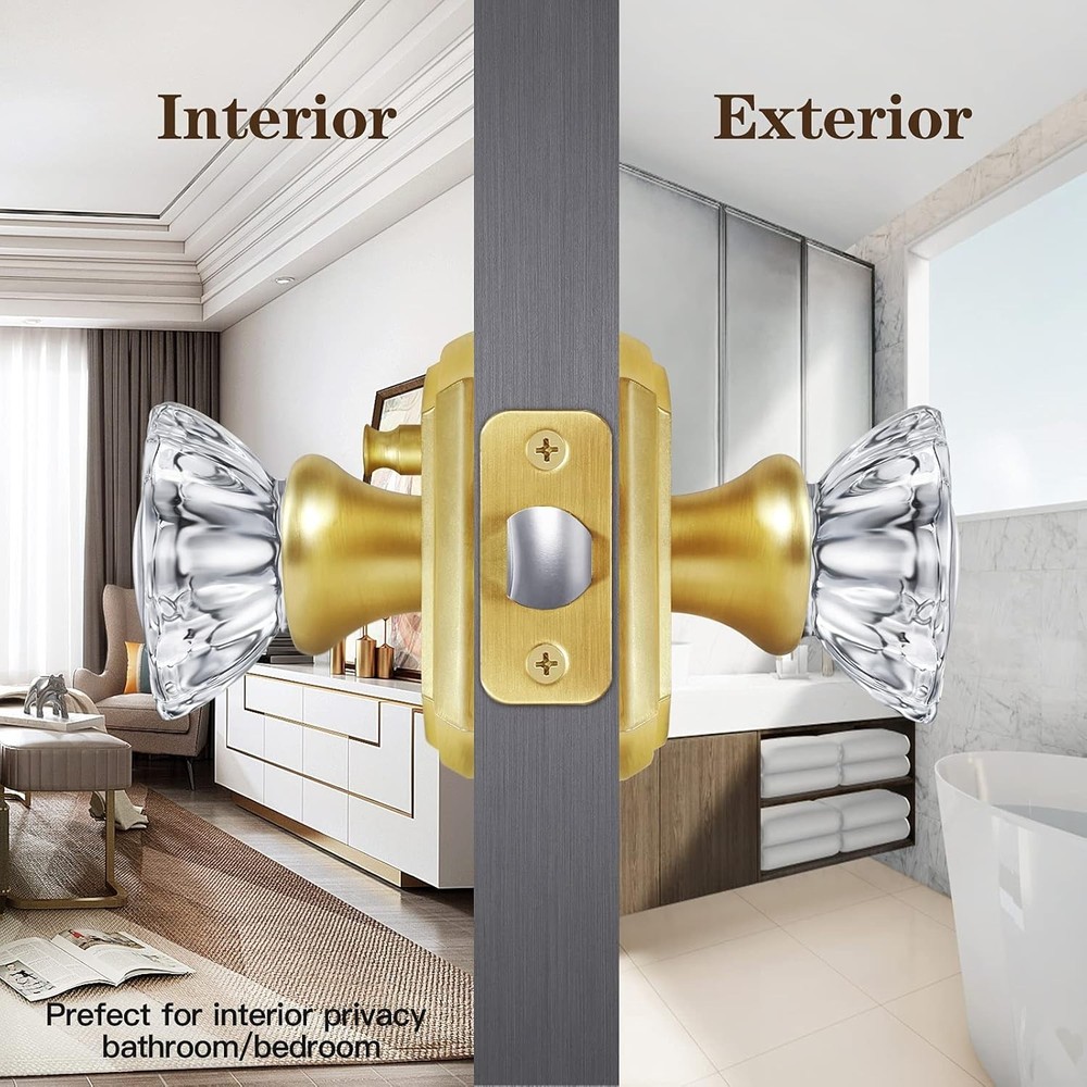 Premium Glass Door Knobs, Bathroom Bedroom Door Knobs with Lock, Privacy Gold Do