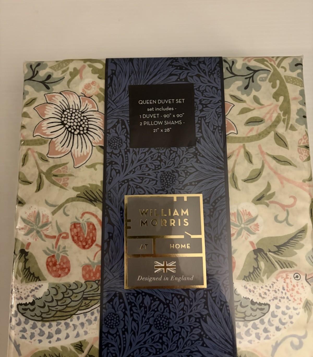 WILLIAM MORRIS Strawberry Thief Summer White Floral 3PC QUEEN Duvet Cover Set