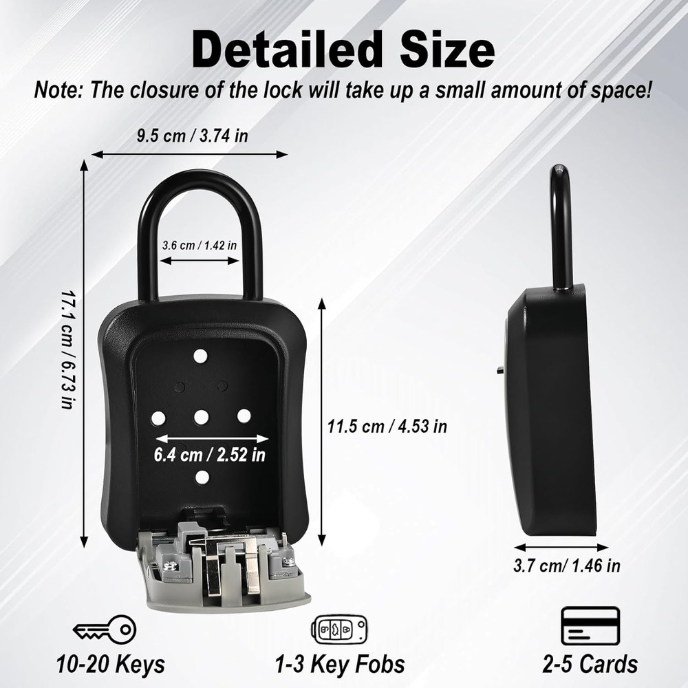 Large Waterproof Key Lock Box - 6 PCS Portable Wall Mount with Code - Gray